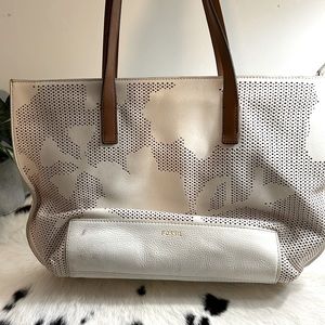 Floral Patterned White & Tan Fossil Tote Bag